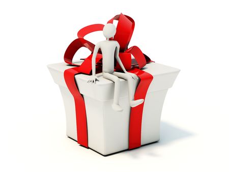 Man sit on big present isolated on whiteの写真素材