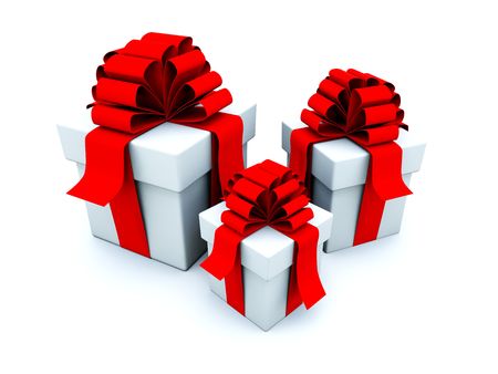 Gifts with red ribbons isolated on whiteの写真素材