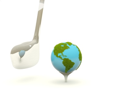 Earth with golf club isolated on whiteの写真素材