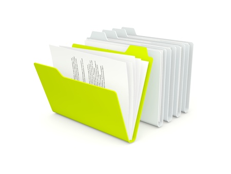 Row of folders with different green one isolated on whiteの写真素材