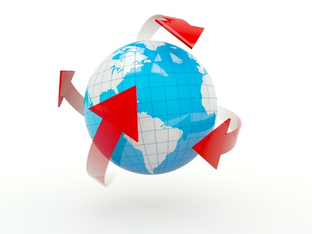 Earth with arrows isolated on whiteの写真素材