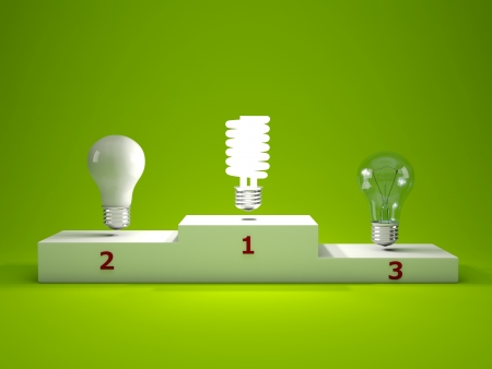Energy efficient light bulb on podium Energy efficient light bulb on podium