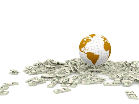 Earth on a pile of dollars isolated on whiteの写真素材