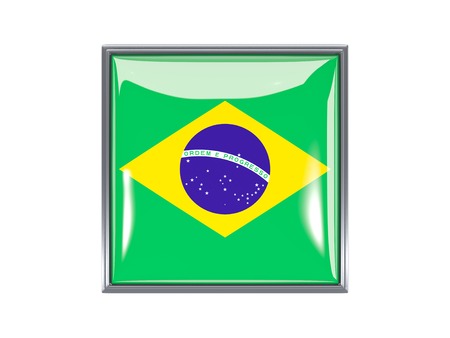 Metal framed square icon with flag of brazilの写真素材