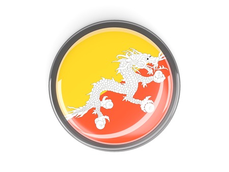 Metal framed round button with flag of bhutanの写真素材
