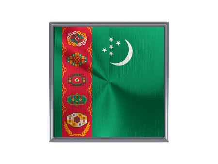 Square metal button with flag of turkmenistan isolated on whiteの写真素材