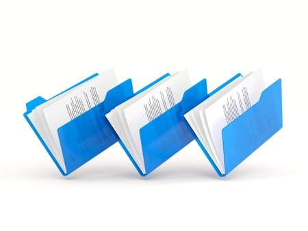 Three blue folders in a row isolated on whiteの写真素材
