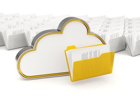 Yellow cloud drive icon with folders isolated on whiteの写真素材