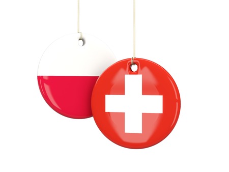 Switzerland and poland soccer teams round labes. 3D illustrationの写真素材