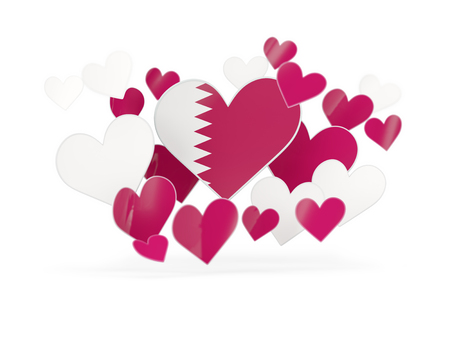 Flag of qatar, heart shaped stickers on white. 3D illustrationの写真素材