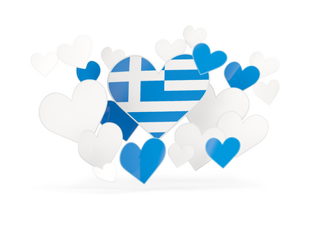Flag of greece, heart shaped stickers on white. 3D illustrationの写真素材