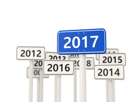 2017 New year on blue road sign. 3D illustration