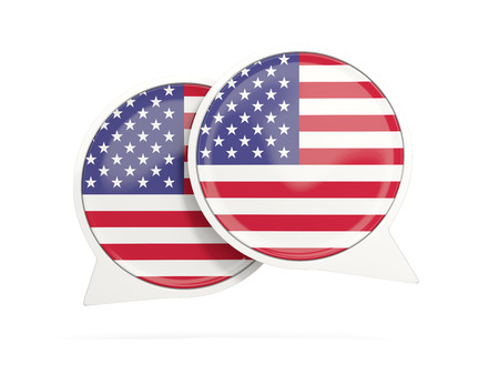 Speech bubbles with flag of united states of america. Round chat icon isolated on white, 3D illustrationの写真素材
