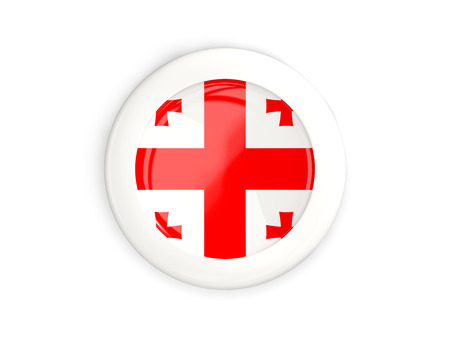 Flag of georgia, glossy round button with white frame isolated on white. 3D illustrationの写真素材