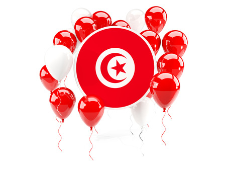 Round flag of tunisia with balloons isolated on white. 3D illustrationの写真素材
