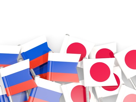 Flag pins of Russia and Japan isolated on white. 3D illustrationの写真素材