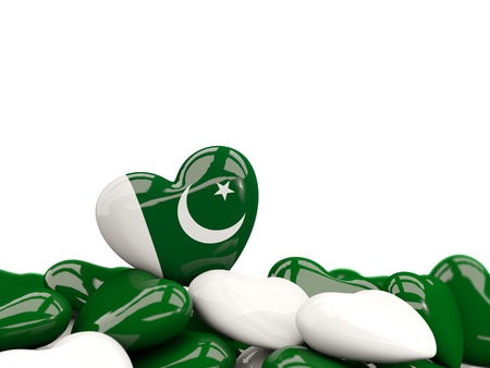 Heart with flag of pakistan on top of colourfull hearts isolated on white. 3D illustrationの写真素材