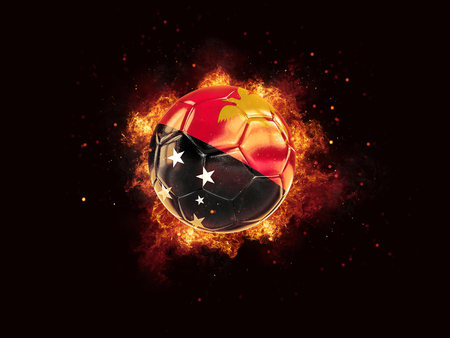 Football in flames with flag of papua new guinea on black background. 3D illustrationの写真素材