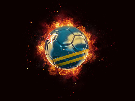 Football in flames with flag of aruba on black background. 3D illustrationの写真素材