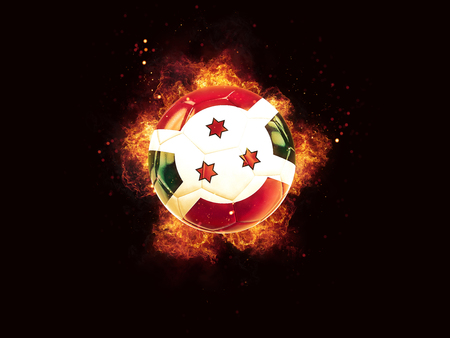 Football in flames with flag of burundi on black background. 3D illustrationの写真素材