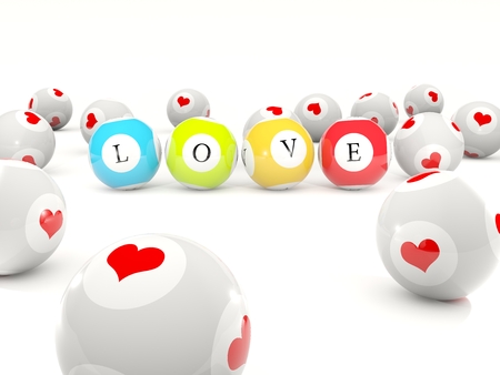 Love letters on lottery balls. 3D illustrationの写真素材