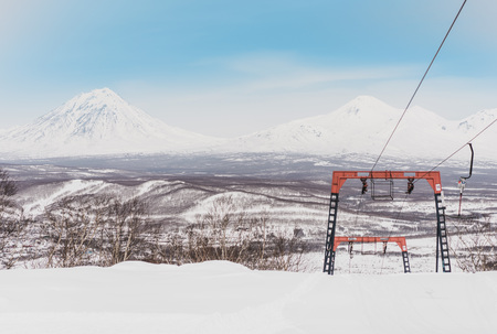 Winter mountain landscape with ski trail. Kamchatka peninsulaの写真素材
