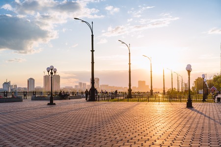 Riverside at sunset. Blagoveshchensk, Amur region, Russiaの写真素材