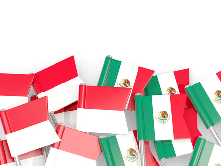 Pins with flags of Indonesia and mexico isolated on white. Communication/dialog concept. 3D illustrationの写真素材