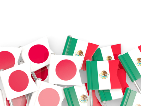 Pins with flags of Japan and mexico isolated on white. Communication/dialog concept. 3D illustrationの写真素材