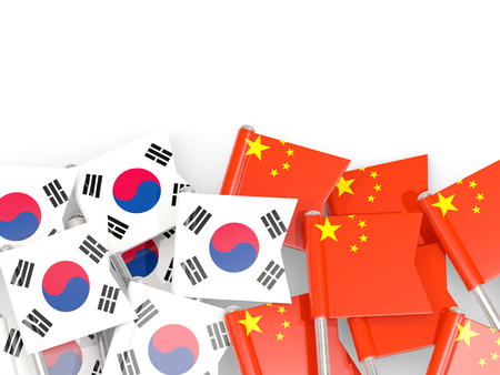 Pins with flags of South Korea and china isolated on white. Communication/dialog concept. 3D illustrationの写真素材