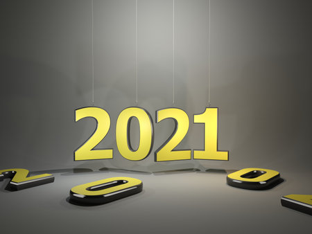 2021 yellow New Year symbol over black background. 3D illustrationの写真素材