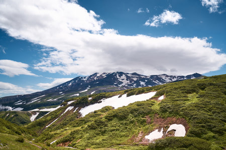 summer landscape. Vilyuchinsky volcano against blue sky. Kamchatka peninsula, Russiaの写真素材