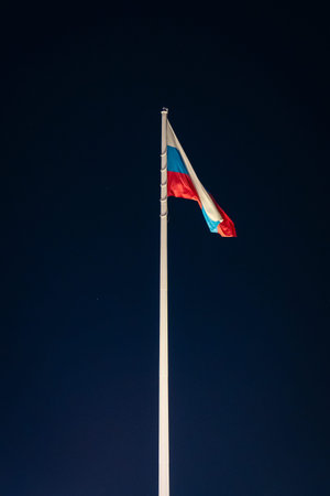 Illuminated Russian flag glowing in wintertime Blagoveshchensk, Russiaの写真素材