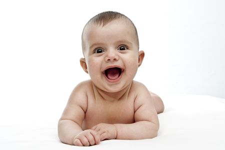 happy little baby isolated on white backgroundの写真素材