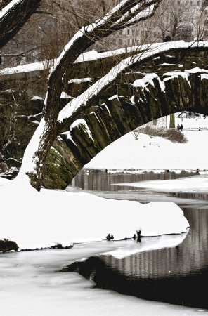 Central Park. Gapstow Bridge covered with snowの写真素材