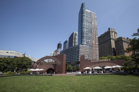 View of downtown Manhattan skyscrapers including the ongoing construction on the new World Trade Center Building in New York City  のeditorial素材