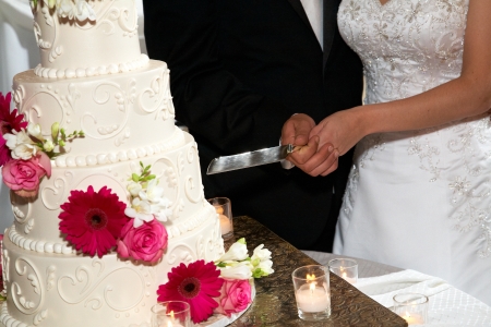 Bride and groom cut their wedding cake together. Focus is on the wedding cake.