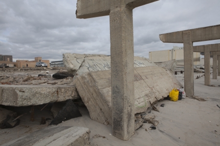 NEW YORK - November 1: Large section of the iconic boardwalk was washed away during Hurricane Sandy in Far Rockaway area October 29, 2012 in New York City, NYのeditorial素材