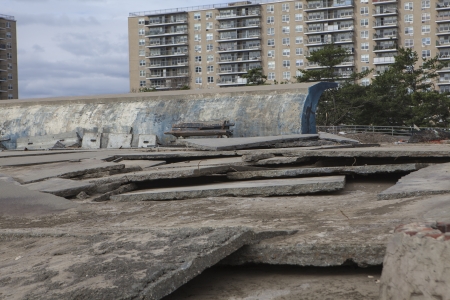 NEW YORK - November 1: Large section of the iconic boardwalk was washed away during Hurricane Sandy in Far Rockaway area October 29, 2012 in New York City, NYのeditorial素材