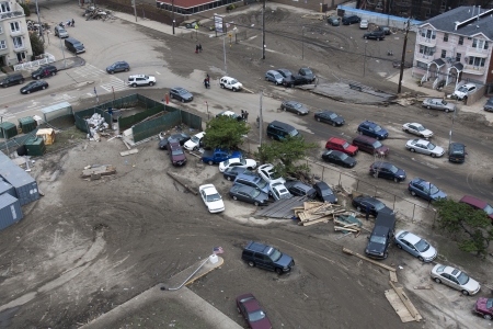 NEW YORK - November 1: Crashed cars after Hurricane Sandy  in the Far Rockaway area  on October 30,...