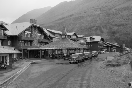 GLACIER NATIONAL PARK, USA - August 8: The Many Glacier Hotel on August 8, 2011 in Glacier National Park, Montana. It was built in 1915 on the shoreline of Swiftcurrent Lake.のeditorial素材