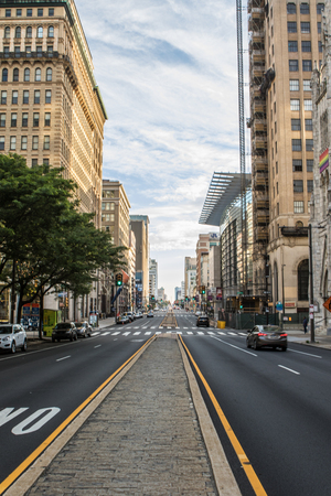 PHILADELPHIA - Sept 1, 2016: Cityscape with street and Downtown Skyline of Philadelphia, Pennsylvania, USAのeditorial素材