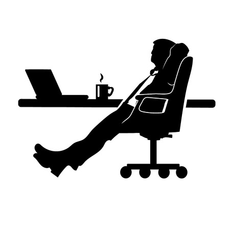 Businessman, silhouette of a man in a suit and tie on white background. Drinking from a mug with a laptop.のイラスト素材