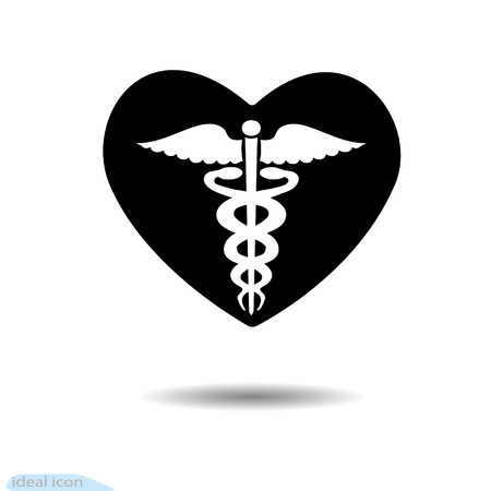 Icon black heart. The caduceus. Design elements for Valentine s Day. Medical symbol. Vector emblemのイラスト素材