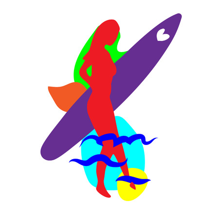 Young woman windsurfing in the sea. Woman and board standing. windsurfing. Windsurfer training on the water. Vector flat design illustration. Horizontal layout. abstract.のイラスト素材