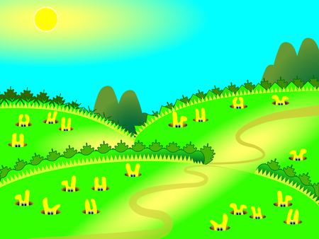 Cute yellow rabbits in burrows sitting. Vector illustration. Easter cartoon rabbit isolated on green background of woods and fieldsのイラスト素材