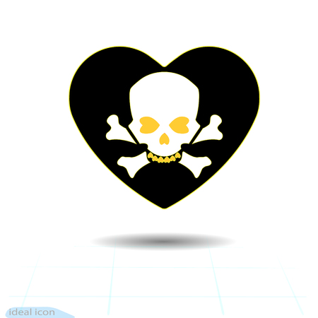 Heart icon. A symbol of love. Valentine s day with the sign of the Human skull and crossbones. Flat style for graphic and web design. Frame shadow.  Vector illustration.のイラスト素材