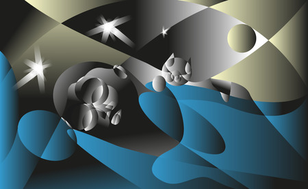 View in the dark, girlfriend sleeping in the bed with the cat. Flat vector illustration. The girl dreams.のイラスト素材