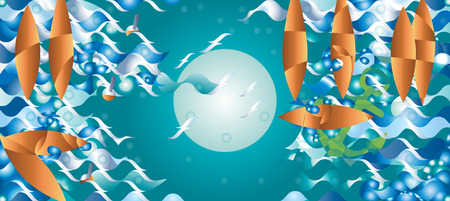 Abstract boat fantasy, at night Fantasy illustration, background vector. Waves anchor seagulls.のイラスト素材