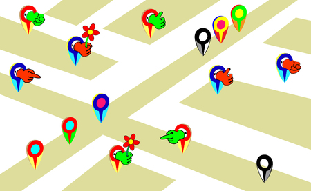 Set of colorful cartoon map pointers. Multicolored with hands. Vector gestures unusual.のイラスト素材